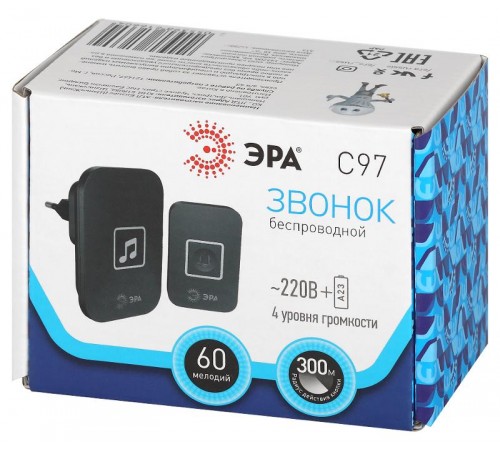 Звонок дверной С97 беспроводной, от сети, черный, 60 мелодий  Б0054086  ЭРА