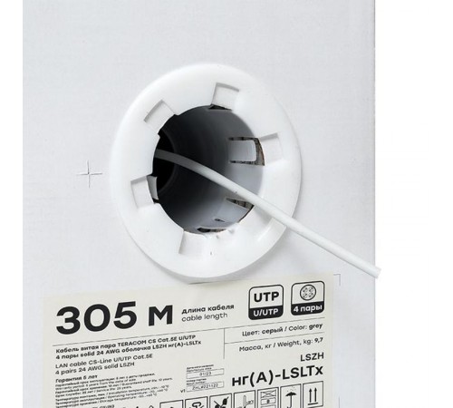 Кабель витая пара TERACOM CS Cat.5E U/UTP 4 пары solid 24AWG нг(А)-LSLTx цвет серый упак. 305м  TRCS-5EUTP-04LTX-GY-IN3  EKF