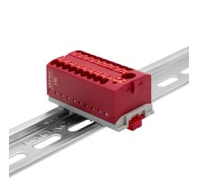 Блок распределительный с верт. адаптером на рейки  15/35мм, зажим push-in, 1 ввод 6 кв.мм, 18  подкл. 2,5 кв.мм, красный  DTP1-118-104SPUR-V  DKC