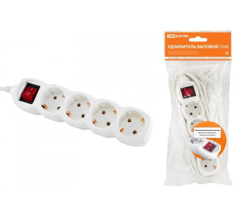 Удлинитель бытовой  У04В выключатель, 4 гнезда, 1,5метра, с заземлением, ПВС 3х1мм2  16А/250В   SQ1303-0110  TDM