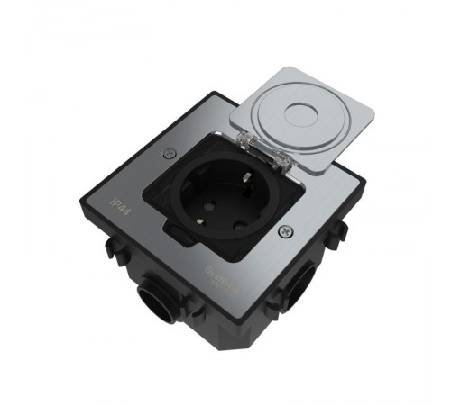 MultiDesk Лючок с розеткой 2К+З, 16А/250В, IP44 с монтажной коробкой для бетонных полов Серебро, тип MDK21  MDK21202SC  SE