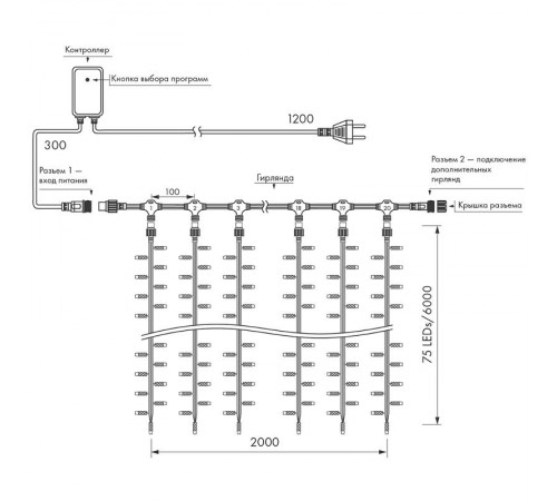 Светодиодная гирлянда ARD-CURTAIN-CLASSIC-2000x6000-CLEAR-1500LED-WATERFALL White (230V, 180W)  024872  Arlight