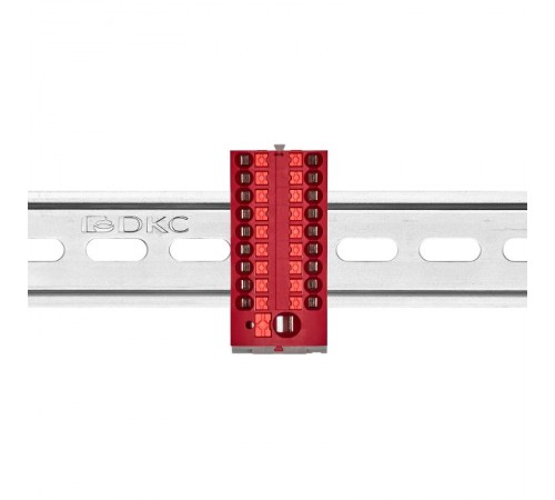 Блок распределительный с верт. адаптером на рейки  15/35мм, зажим push-in, 1 ввод 6 кв.мм, 18  подкл. 2,5 кв.мм, красный  DTP1-118-104SPUR-V  DKC