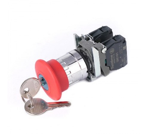 Кнопка аварийного останова SB4 в сборе 22мм 40мм ключ металл 1НО+1Н  SB4BS9445  SE