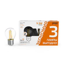 Лампа светодиодная   Basic Filament Шар 5,5W 510lm 2700К Е27 LED (3 лампы в упаковке) 1/20  1051216T  Gauss