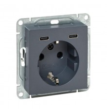 Механизм розетки с USB-C - 2шт, 16А, с заземлением, со шторками, графит Эпика  UP1-SOG-111-2USBC EKF