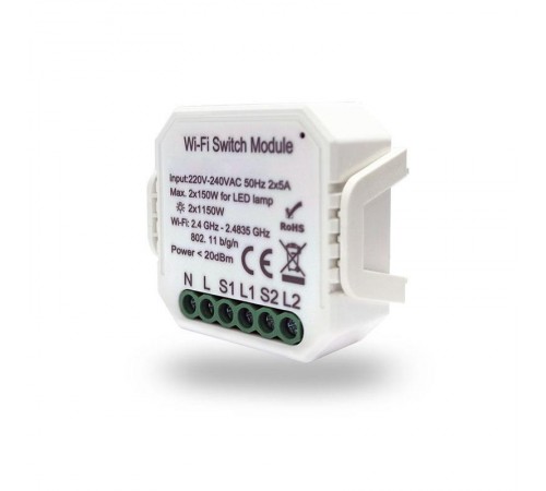 Двухканальное Wi-Fi реле-выключатель 2 x 1150Вт / 2 x 100Вт для LED RL1002-SM  RL1002-SM  DENKIRS