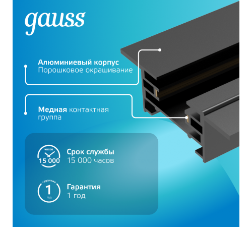 Шинопровод осветительный встраиваемый 2м черный (с адаптером питания и заглушкой)  TR130  Gauss