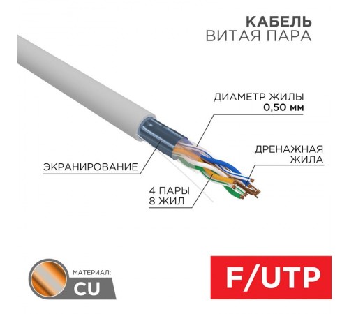 Кабель F/UTP, CAT 5e, ZH нг(А)-HF, 4PR, 24AWG, INDOOR, серый, 305 м  01-0169  REXANT
