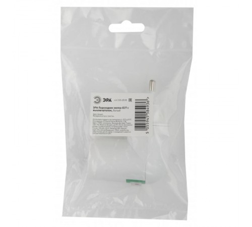 Переходник вилка-Е27 с выключателем, белый  Б0027981  ЭРА