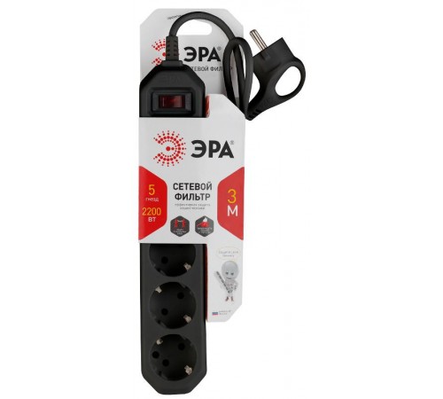 Сетевой фильтр USF-5es-3m-B   (черный) с заземл, 3x0,75мм2, с выкл, 5гн, 3м (20/600) Б0019034  ЭРА