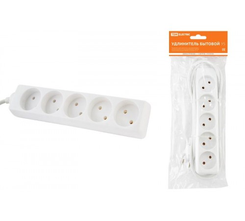 Удлинитель бытовой  У5  5 гнезд, 5метров, без заземления, ПВС 2х0,75мм2  10А/250В   SQ1303-0222  TDM