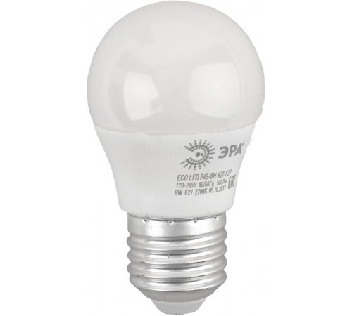 Лампа cветодиодная ECO LED P45-8W-827-E27 (диод, шар, 8Вт, тепл, E27) (10/100/3600)  Б0030024  ЭРА
