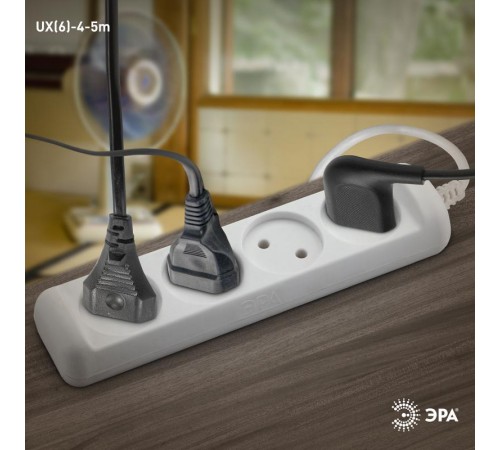 UX(6)-4-5m Удлин-ль без зазeмл., 2х0.75мм2, ПВС, 4гн, 5м (5/20/600)  Б0038571  ЭРА