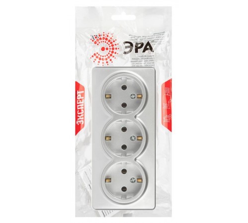 Розетка ЭРА Эксперт 11-2208-03 тройная с заземлением 3х2P+E Schuko IP20 16A-250В ОУ Алюминий  Б0063010  ЭРА