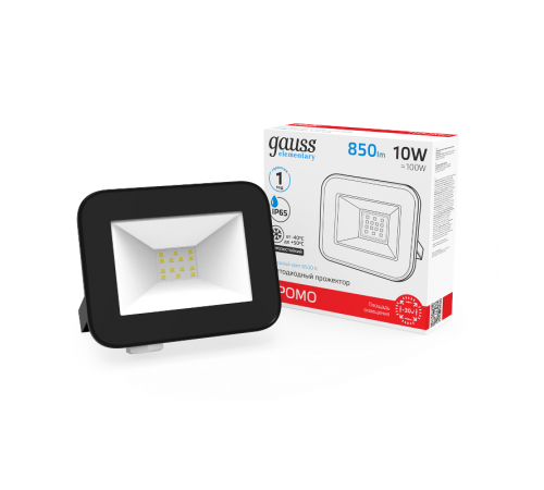Прожектор светодиодный Elementary 10W 780lm IP65 6500К черный ПРОМО 1/20  613100310P  Gauss