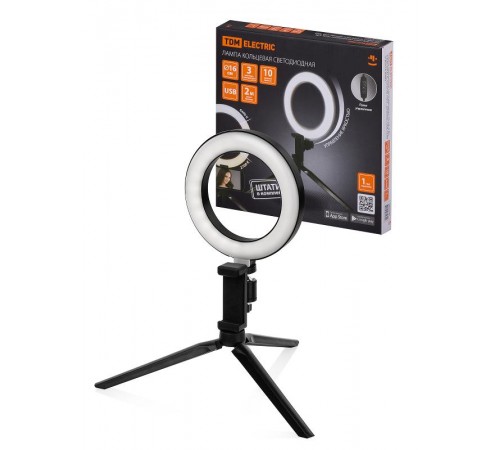 Лампа кольцевая светодиодная 16 см, 6 Вт, 2700-6400 К, штатив наст., диммер, USB  SQ0373-0301  TDM