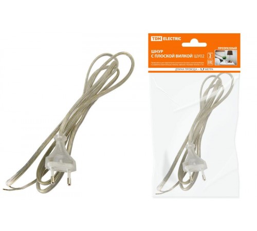 Шнур с плоской вилкой ШУ02 ШВВП 2х0,75мм2 1,7 м. прозрачный  SQ1305-0014  TDM