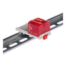 Блок распределительный с верт. адаптером на рейки  15/35мм, зажим push-in, 1 ввод 6 кв.мм, 6  подкл. 2,5 кв.мм, красный  DTP1-106-104SPUR-V  DKC