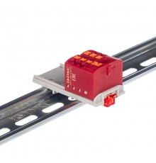 Блок распределительный с верт. адаптером на рейки  15/35мм, зажим push-in, 1 ввод 6 кв.мм, 6  подкл. 2,5 кв.мм, красный  DTP1-106-104SPUR-V  DKC