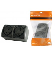 Розетка двойная 2П+3 открытой установки IP54 16А с прозрачной крышкой серая "Селигер"  SQ1818-0109  TDM