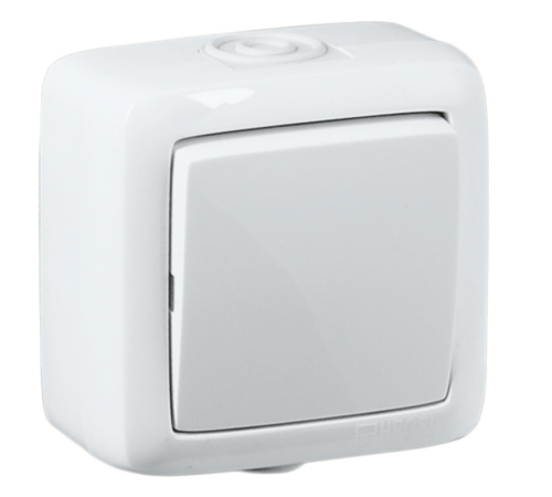 Выключатель открытой установки, одноклавишный, брызгозащищенный, цвет белый  ВА10-211  HEGEL