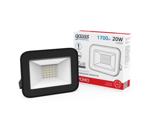 Прожектор светодиодный Elementary 20W 1320lm IP65 6500К черный ПРОМО 1/20  613100320P  Gauss