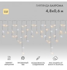 Бахрома (Айсикл) 4,8х0,6м 176 LED ТЕПЛЫЙ БЕЛЫЙ прозрачный ПВХ IP65 эффект мерцания 230В  255-186  NEON-NIGHT