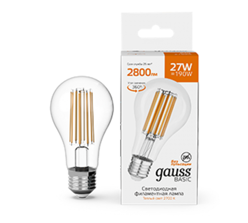 Лампа светодиодная   Basic Filament А70 27W 2800lm 2700К Е27 LED 1/10/40  40712172  Gauss
