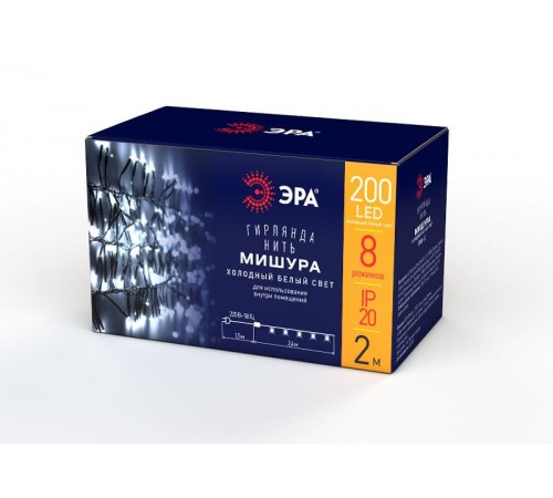 Гирлянда светодиодная  Нить Мишура 3,9 м зеленый провод, холодный свет, ENIN - GC  220V IP20 (24/576)  Б0047969  ЭРА