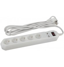 Сетевой фильтр USF-5es-1.5m-USB-W   (белый) с заземл, 3x0,75мм2, с выкл, 5гн+2USB, 1.5м (20/600) Б0019037  ЭРА