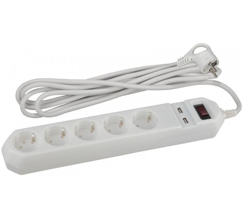 Сетевой фильтр USF-5es-1.5m-USB-W   (белый) с заземл, 3x0,75мм2, с выкл, 5гн+2USB, 1.5м (20/600) Б0019037  ЭРА