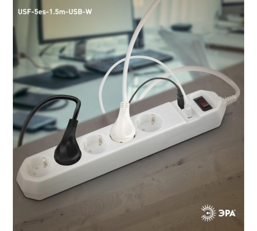 Сетевой фильтр USF-5es-1.5m-USB-W   (белый) с заземл, 3x0,75мм2, с выкл, 5гн+2USB, 1.5м (20/600) Б0019037  ЭРА