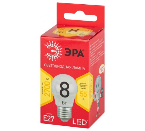 Лампа cветодиодная RED LINE LED P45-8W-827-E27 R Е27 / E27 8 Вт шар теплый белый свет  Б0053028  ЭРА