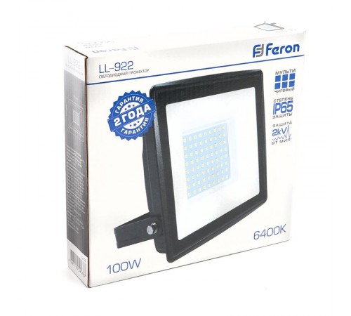 Прожектор светодиодный LL-922 2835 SMD 100W 6400K IP65 AC220V/50Hz, черный 261*217*33 мм  32103  FERON