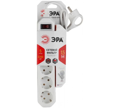 Сетевой фильтр USF-5es-1.5m-W   (белый) с заземл, 3x0,75мм2, с выкл, 5гн, 1.5м (20/600) Б0019031  ЭРА