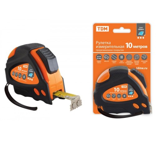 Рулетка 10 м х 25 мм, тройная фиксация, автостоп, обрезиненный корпус, магнит, "Алмаз"  SQ1018-0112  TDM