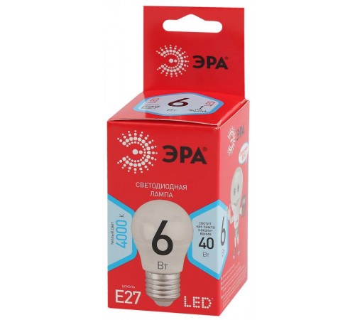 Лампа cветодиодная ECO LED P45-6W-840-E27 (диод, шар, 6Вт, нейтр, E27) (10/100/4000)  Б0020630  ЭРА