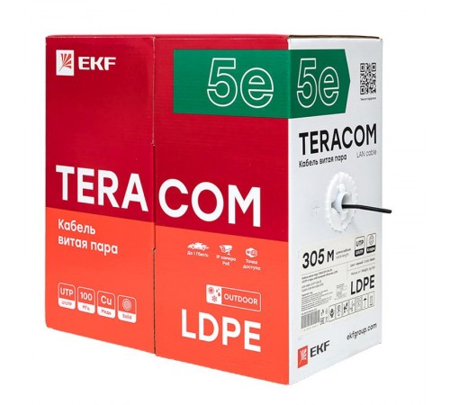 Кабель витая пара TERACOM PRO Cat.5E U/UTP 4 пары solid внешний 24AWG черный упак. 305м  TRP-5EUTP-04PE-BK-OUT3  EKF