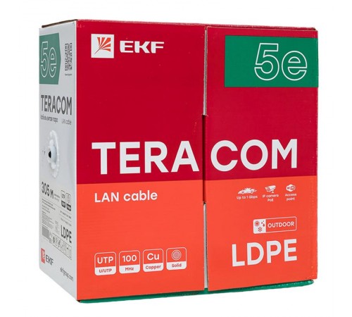 Кабель витая пара TERACOM PRO Cat.5E U/UTP 4 пары solid внешний 24AWG черный упак. 305м  TRP-5EUTP-04PE-BK-OUT3  EKF