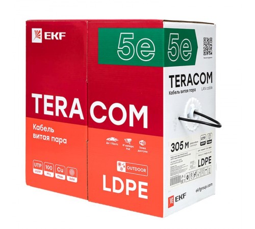 Кабель витая пара TERACOM PRO Cat.5E U/UTP 4 пары solid внешний 24AWG черный упак. 305м  TRP-5EUTP-04PE-BK-OUT3  EKF