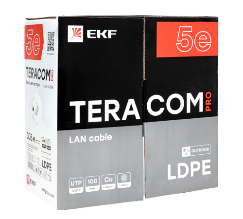 Кабель витая пара TERACOM PRO Cat.5E U/UTP 4 пары solid внешний 24AWG черный упак. 305м  TRP-5EUTP-04PE-BK-OUT3  EKF