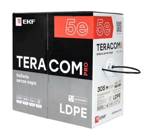 Кабель витая пара TERACOM PRO Cat.5E U/UTP 4 пары solid внешний 24AWG черный упак. 305м  TRP-5EUTP-04PE-BK-OUT3  EKF