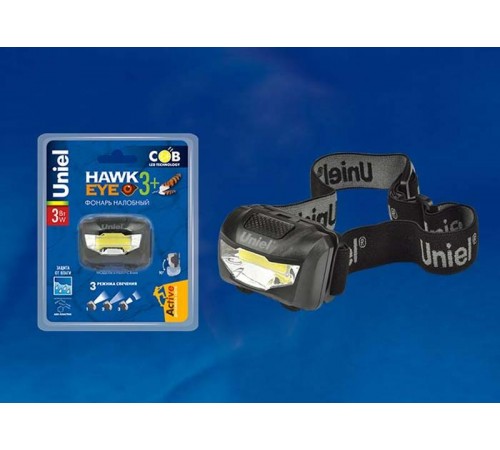 Фонарь налобный  S-HL017-C Black Стандарт "Hawkeye- 3Watt+" пластик COB, 3хААА н/к. Упаковка кламшелл.  UL-00001379  Uniel
