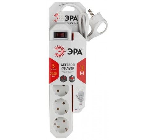 Сетевой фильтр USF-5es-3m-W   (белый) с заземл, 3x0,75мм2, с выкл, 5гн, 3м (20/600) Б0019033  ЭРА