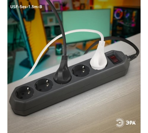 Сетевой фильтр USF-5es-1.5m-B   (черный) с заземл, 3x0,75мм2, с выкл, 5гн, 1.5м (20/600) Б0019032  ЭРА