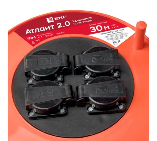 Удлинитель на катушке "Атлант 2.0" 4 гнезда 30м с заземлением ПВС 3*1,5 16А/3,5кВт IP44 PROxima  UKA02-16-315-4-30-IP44  EKF