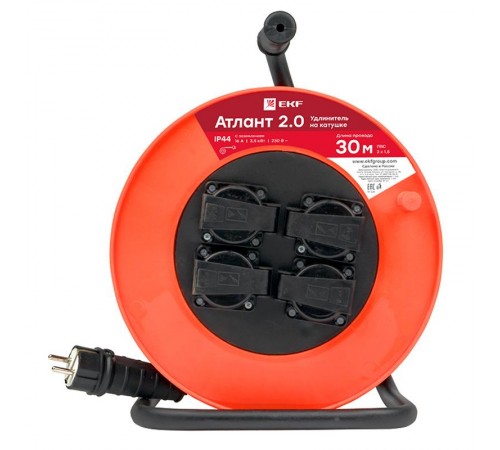 Удлинитель на катушке "Атлант 2.0" 4 гнезда 30м с заземлением ПВС 3*1,5 16А/3,5кВт IP44 PROxima  UKA02-16-315-4-30-IP44  EKF