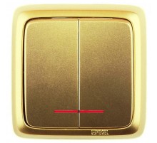 Выключатель открытой установки, двухклавишный, с индикацией, с монтажной пластиной, цвет золото  ВА16-156-07  HEGEL