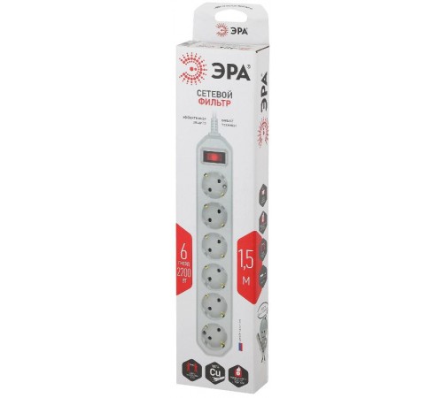 Сетевой фильтр USF-6es-1,5m-W-BOX Сет.фильтр базовая защита, с/з, с выкл, 6гн, 1,5м, ПВС,  Б0037260  ЭРА